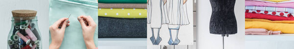 collage of sewer, fashion sketch, cotton thread spools and textile, sewing concept