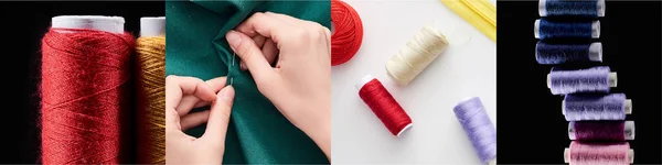 Collage Colorful Cotton Thread Spools Cloth Sewing Concept — Stock Photo, Image