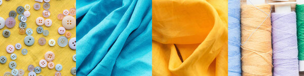 коллаж из цветных хлопчатобумажных нитей катушек и ткани, концепция шитья
