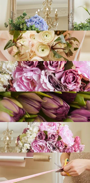 Collage Fleurs Bleues Violettes Roses Ruban Coupe Femme Avec Ciseaux — Photo