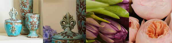 collage of vintage ceramics and blooming flowers 