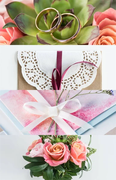 Collage Green Leaves Roses Golden Wedding Rings Envelope — Stock Photo, Image