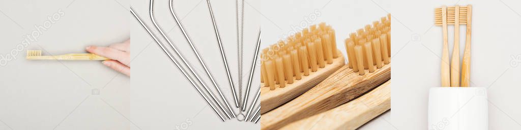 collage of woman holding wooden toothbrush near metallic straws isolated on white, eco friendly concept 