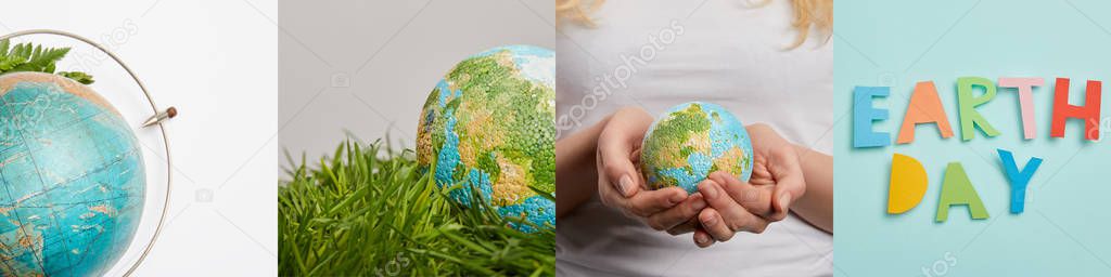 collage of woman holding globe, green grass and earth day lettering, eco friendly concept 