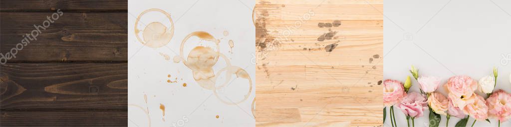 collage of wooden backgrounds, coffee stains and pink flowers 