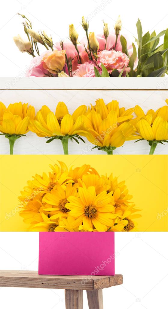 collage of yellow and pink flowers and wooden bench on white 