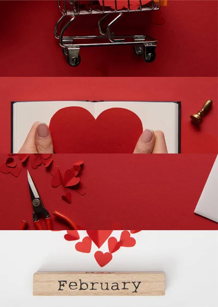 Collage Tijeras Mujer Sosteniendo Corazón Papel Carrito Compras Juguete Letrero —  Fotos de Stock