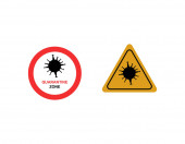 Coronavirus gelbe Warnung und rot keine Schilder mit Quarantäne-Zone Schriftzug isoliert auf weiß