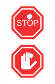 Coronavirus rot keine Zeichen mit Stop-Wort und Hand isoliert auf weiß