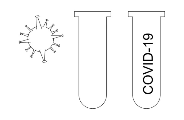 Molécula Coronavirus Cerca Del Matraz Con Letras Covid Aisladas Blanco — Vector de stock