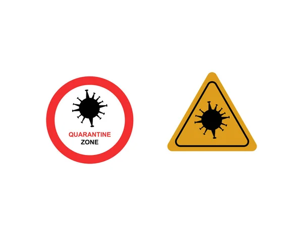 Coronavirus yellow warning and red no signs with quarantine zone lettering isolated on white — Stock Illustration Coronavirus Yellow Warning Red Signs Quarantine Zone Lettering Isolated White Stock Vector