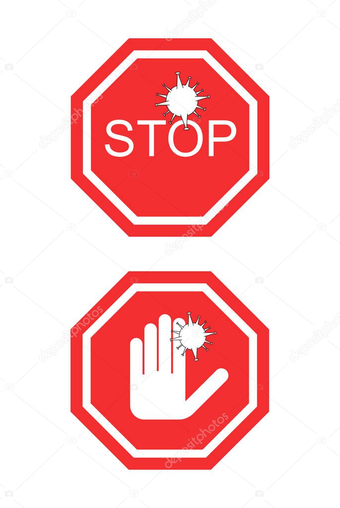 coronavirus red no signs with stop word and hand isolated on white