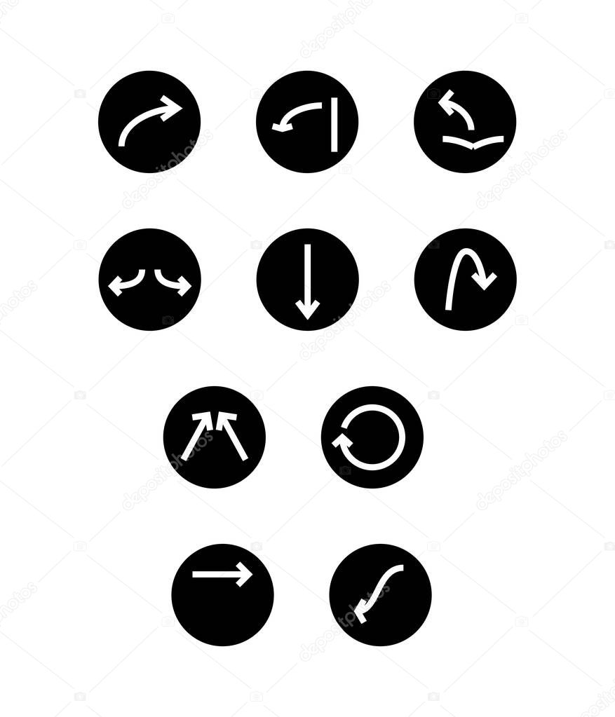 white arrows in black circles in different directions isolated on white