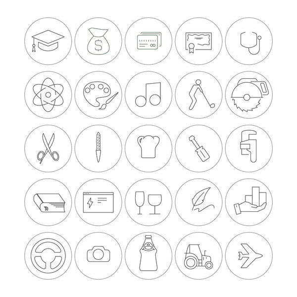 vector icons of professional industries in circles on white background