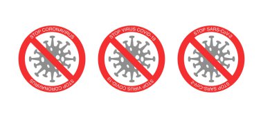 red stop signs and bacteria with stop virus covid-19 lettering on white background clipart