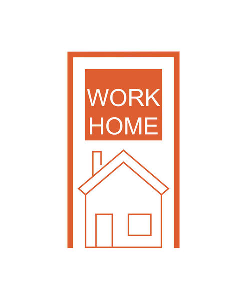 orange work home lettering and house on white background