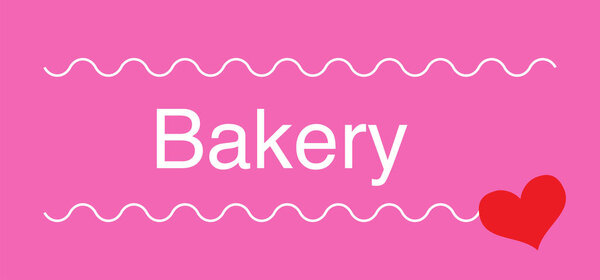 pink bakery label with red heart and curved lines