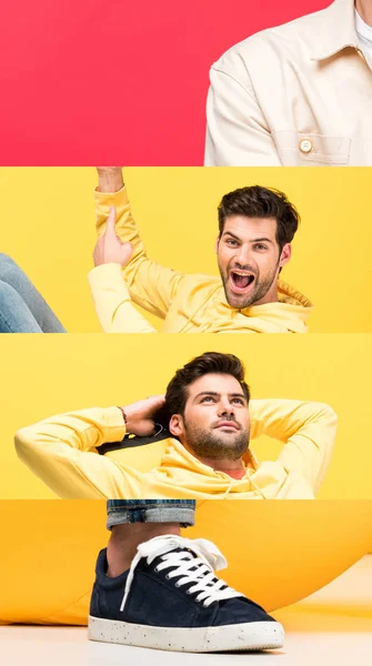 Collage de l'homme montrant différentes émotions isolées sur rouge et jaune — Photo de stock