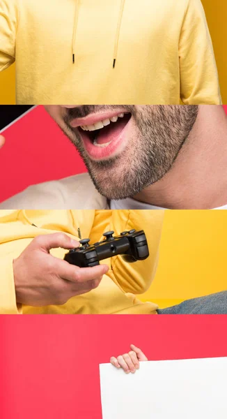 KYIV, UCRAINA - 12 APRILE 2019: collage di uomo sorridente in felpa gialla con joystick e cartello isolati su rosso e giallo — Foto stock