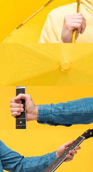 Collage of man holding acoustic guitar and umbrella isolated on yellow — Stock Photo