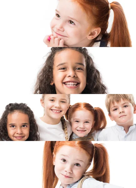 Collage di felici bambini multietnici isolati su bianco — Foto stock