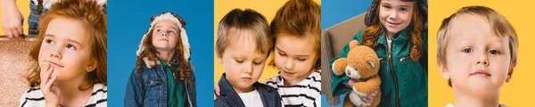 Collage of emotional children isolated on yellow and blue — Stock Photo