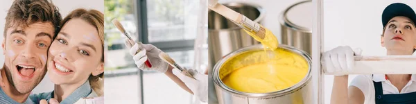 Collage of smiling couple, brushes and bucket of yellow paint — Stock Photo