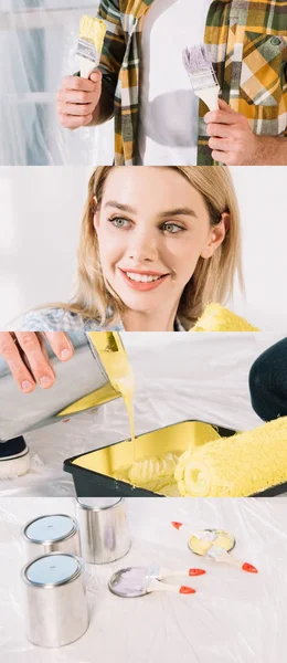 Collage di donna sorridente, uomo che tiene i pennelli e versa vernice — Foto stock