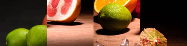Collage of fresh grapefruit, orange, limes and umbrella pick — Stock Photo