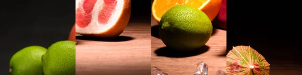 Colagem de toranja fresca, laranja, limas e picareta de guarda-chuva — Fotografia de Stock