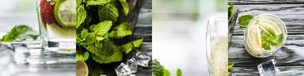 Collage of tasty alcohol cocktails, ice cubes and fresh mint leaves — Stock Photo