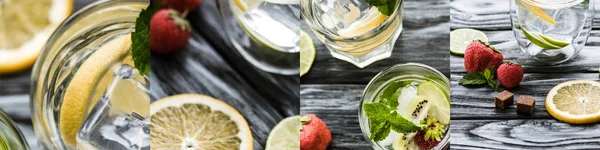 Collage of sliced lemons, limes and strawberries near cocktails — Stock Photo