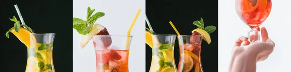 Collage de femme tenant un cocktail savoureux près de délicieuses boissons alcoolisées — Photo de stock