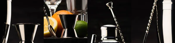 Collage di jigger vicino gustose arance e lime isolato su nero — Foto stock