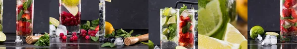 Collage de cocktails savoureux avec des fraises près de limes, bleuets, mûres, canneberges et feuilles de menthe — Photo de stock