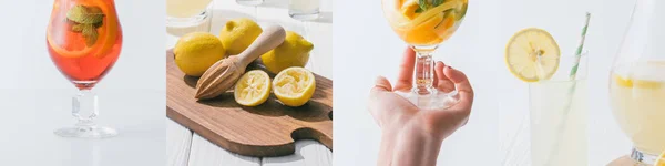 Collage di donna con bicchiere con bevanda, limoni spremuti sul tagliere e bevande — Foto stock