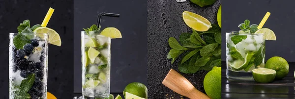 Collage de cocktails savoureux avec des bleuets, des limes, des feuilles de menthe et des glaçons — Photo de stock