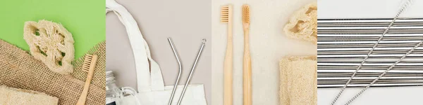 Collage of loofahs, metallic straws, wooden toothbrushes and bag, eco friendly concept — Stock Photo