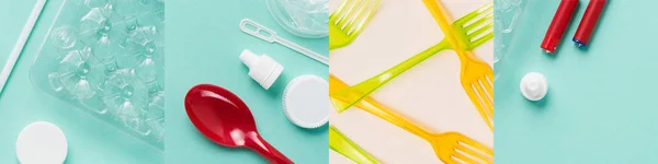 Collage of plastic forks, spoon, coffee stirrer and bottle caps, environmental concept — Stock Photo