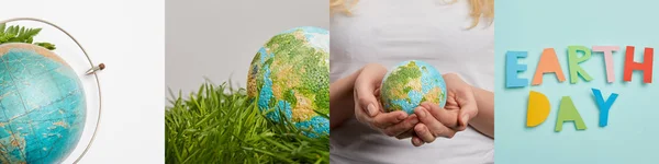 Collage of woman holding globe, green grass and earth day lettering, eco friendly concept — Stock Photo