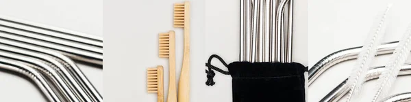 Collage de brosses à dents en bois à proximité de pailles métalliques isolées sur blanc, concept écologique — Photo de stock