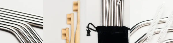 Collage of  wooden toothbrushes near metallic straws isolated on white, eco friendly concept — Stock Photo