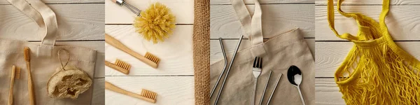 Collage aus wiederverwendbarer Saitentasche, hölzernen Zahnbürsten, Luffa, metallischen Essstäbchen, Löffel, Gabel und Strohhalmen, umweltfreundliches Konzept — Stockfoto