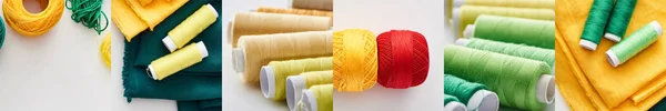 Collage of colorful cotton thread spools and cloth, sewing concept — Stock Photo