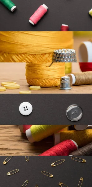 Collage of colorful cotton thread spools and cloth, sewing concept — Stock Photo