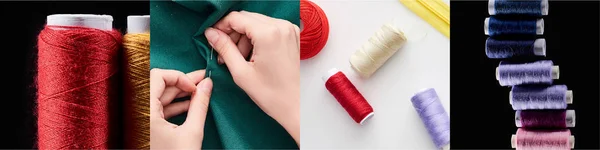 Collage of colorful cotton thread spools and cloth, sewing concept — Stock Photo