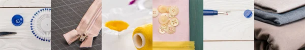 Collage of colorful cotton thread spools and cloth, sewing concept — Stock Photo