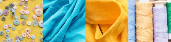 Колаж з різнокольорових бавовняних ниток і тканини, концепція шиття — стокове фото