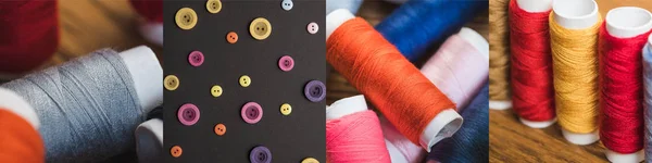 Collage of colorful cotton thread spools and cloth, sewing concept — Stock Photo