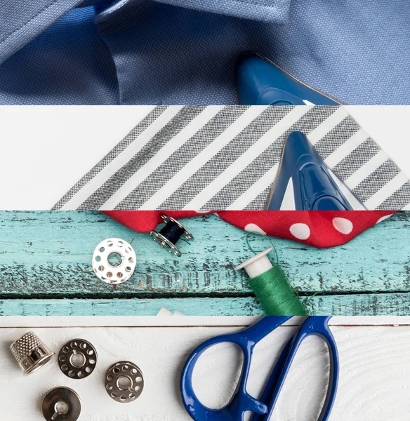Коллаж из цветных хлопчатобумажных нитей катушек и ткани, концепция шитья — стоковое фото